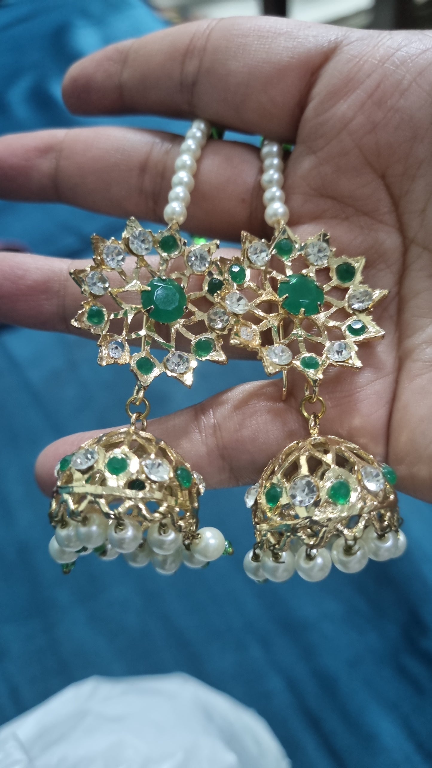 SEVEN LARI HAAR IN GREEN & PEARLS WITH JHUMKAS
