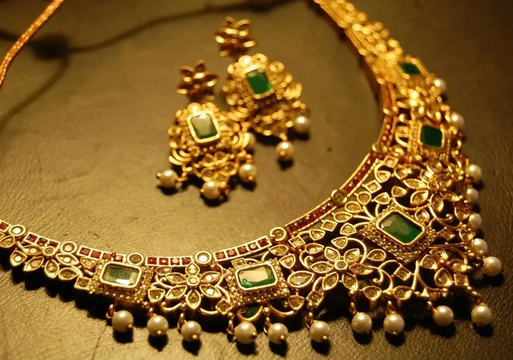 ELEGANT INDIAN SET WITH ZIRCONS, RED & GREEN STONES