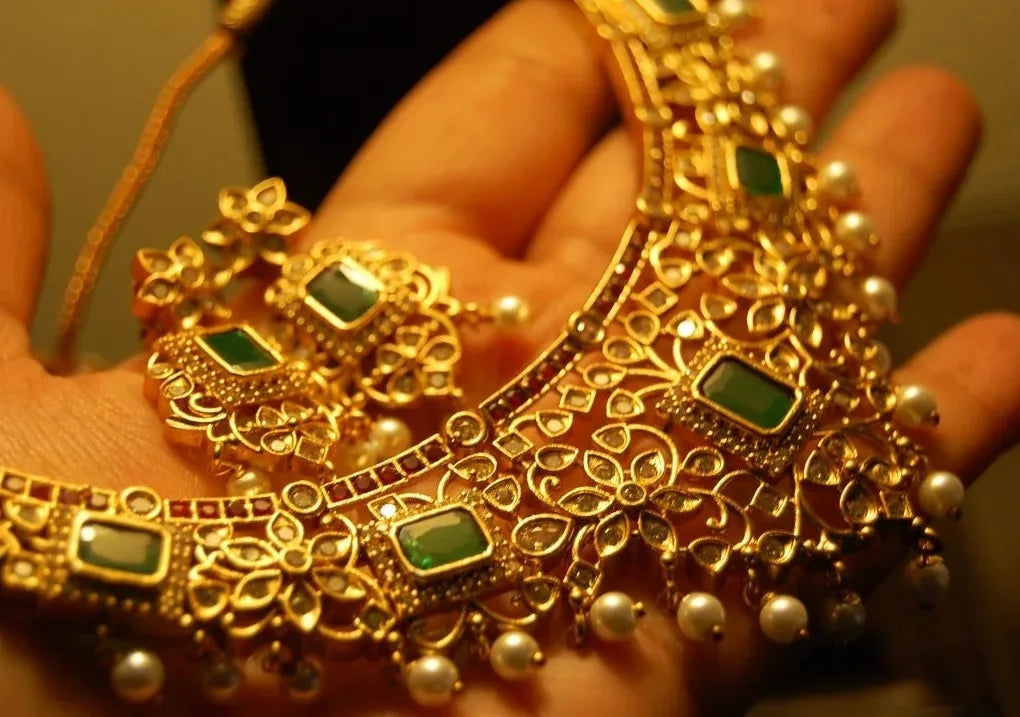 ELEGANT INDIAN SET WITH ZIRCONS, RED & GREEN STONES