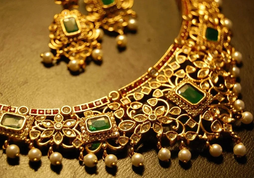 ELEGANT INDIAN SET WITH ZIRCONS, RED & GREEN STONES
