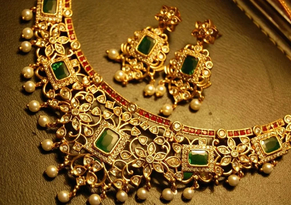 ELEGANT INDIAN SET WITH ZIRCONS, RED & GREEN STONES