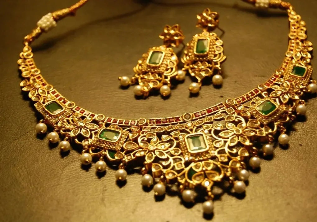 ELEGANT INDIAN SET WITH ZIRCONS, RED & GREEN STONES