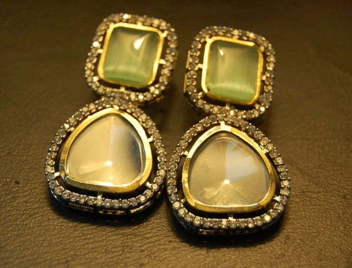 JADE GREEN EARRINGS IN KUNDAN & ZIRCONS
