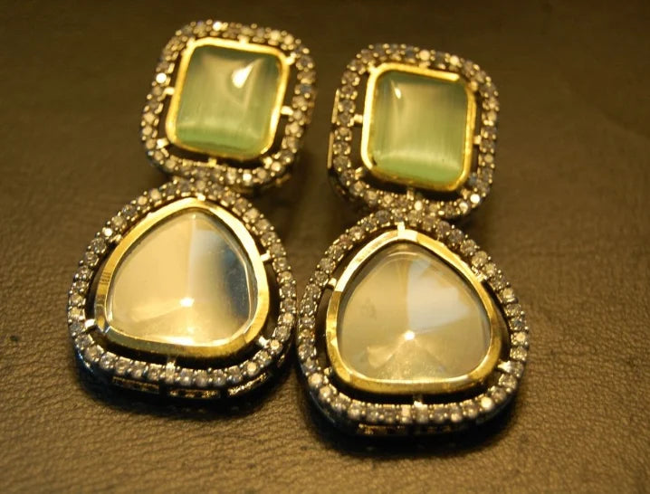 JADE GREEN EARRINGS IN KUNDAN & ZIRCONS