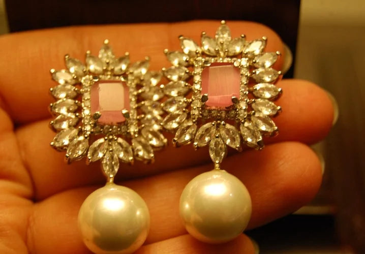 PINK ,ZIRCON & PEARL EARRINGS