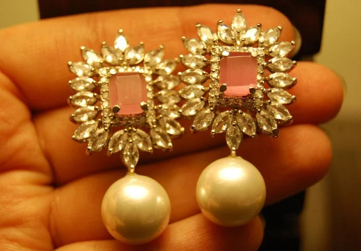 PINK ,ZIRCON & PEARL EARRINGS