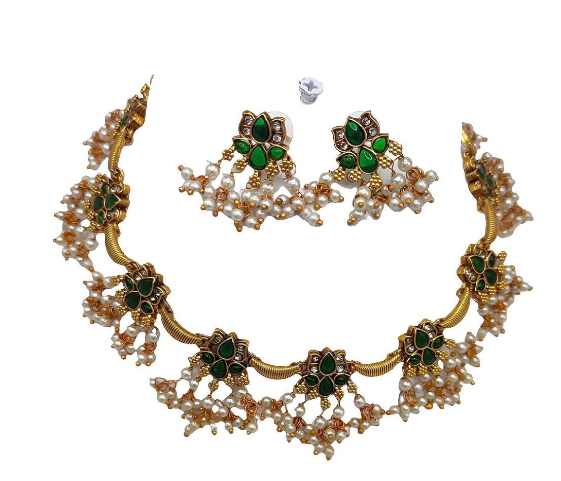 ELEGANT SOUTH INDIAN NECKLACE SET IN GREEN