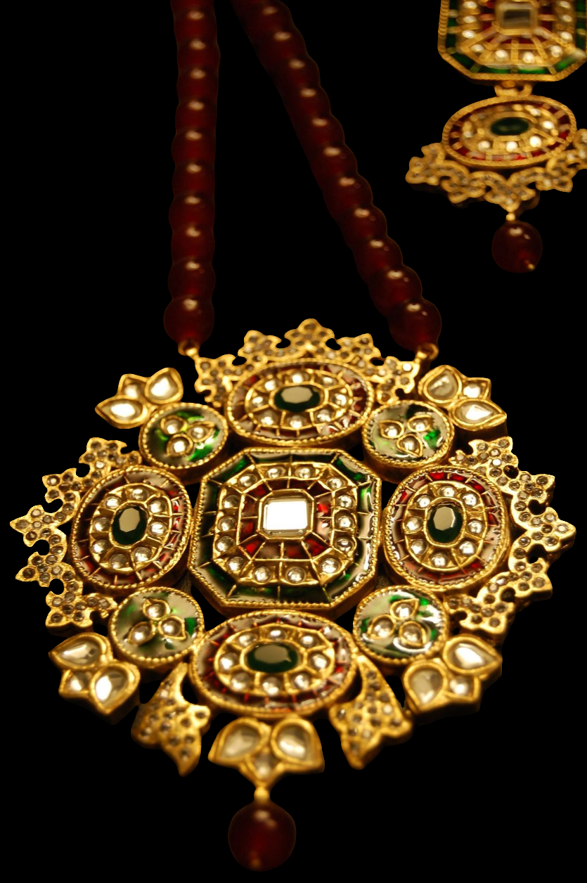 TRADITIONAL MEENA & KUNDAN MALA SET IN RED & GREEN