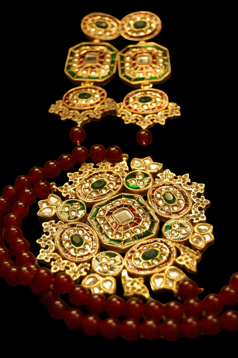 TRADITIONAL MEENA & KUNDAN MALA SET IN RED & GREEN
