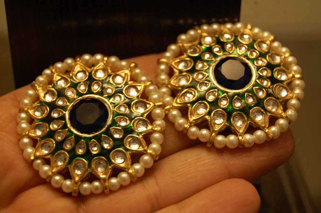 GREEN MEENA EARRINGS WITH KUNDAN & BLUE STONES
