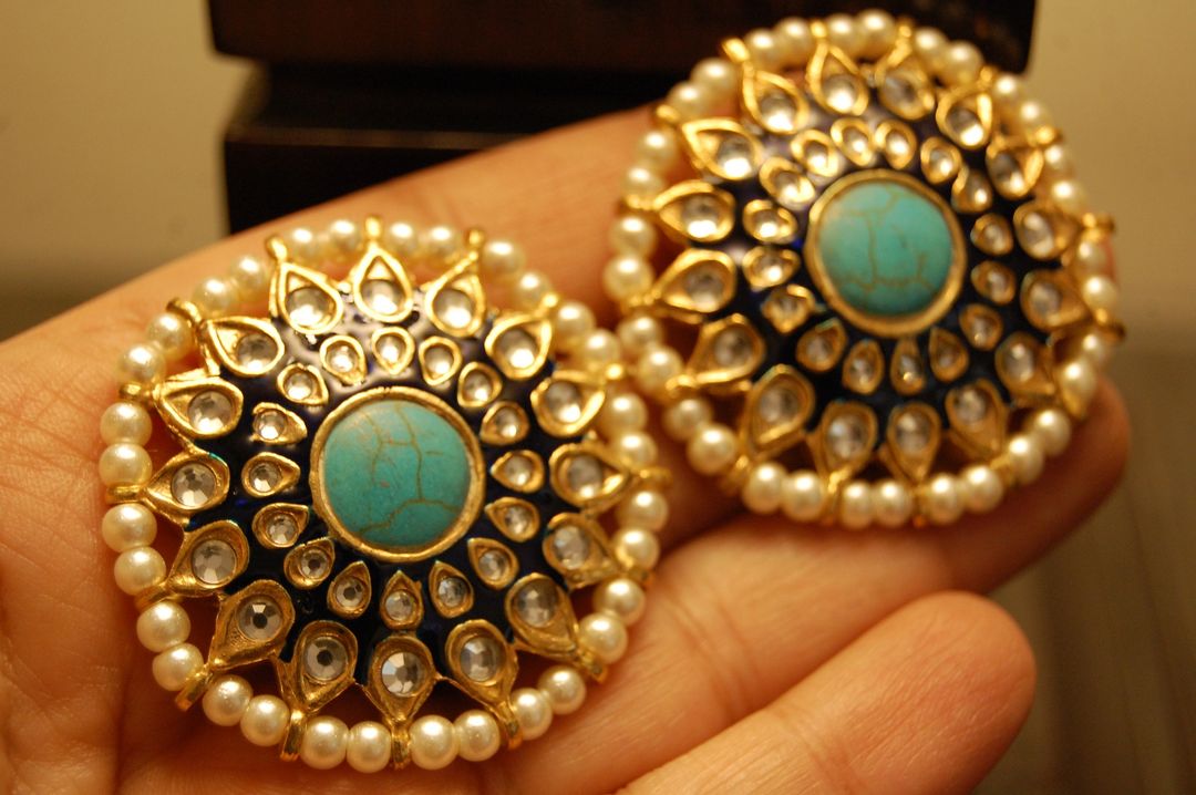 BLUE MEENA EARRINGS WITH KUNDAN & FEROZY STONES