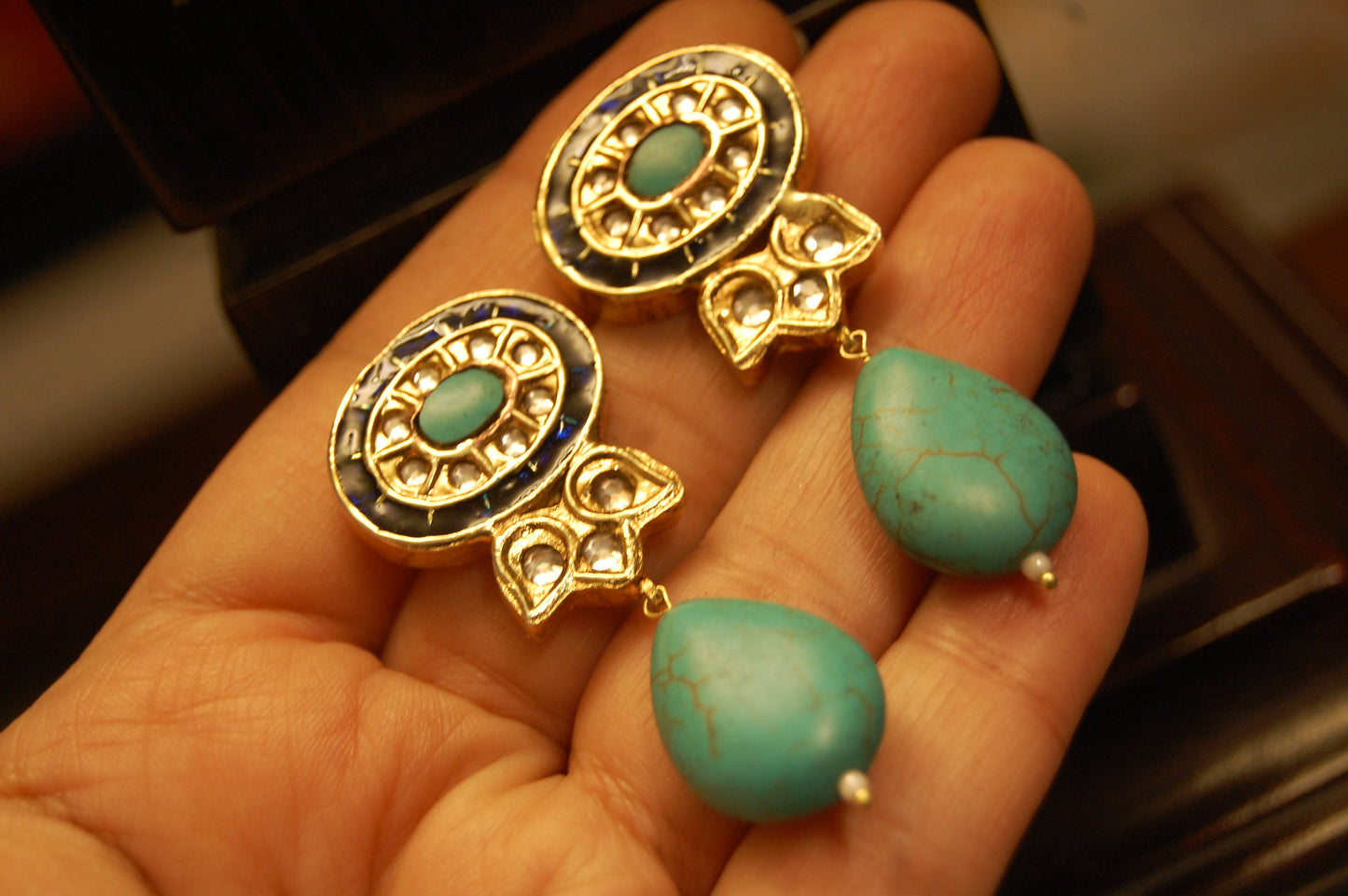 BLUE & FEROZA KUNDAN MEENA EARRINGS