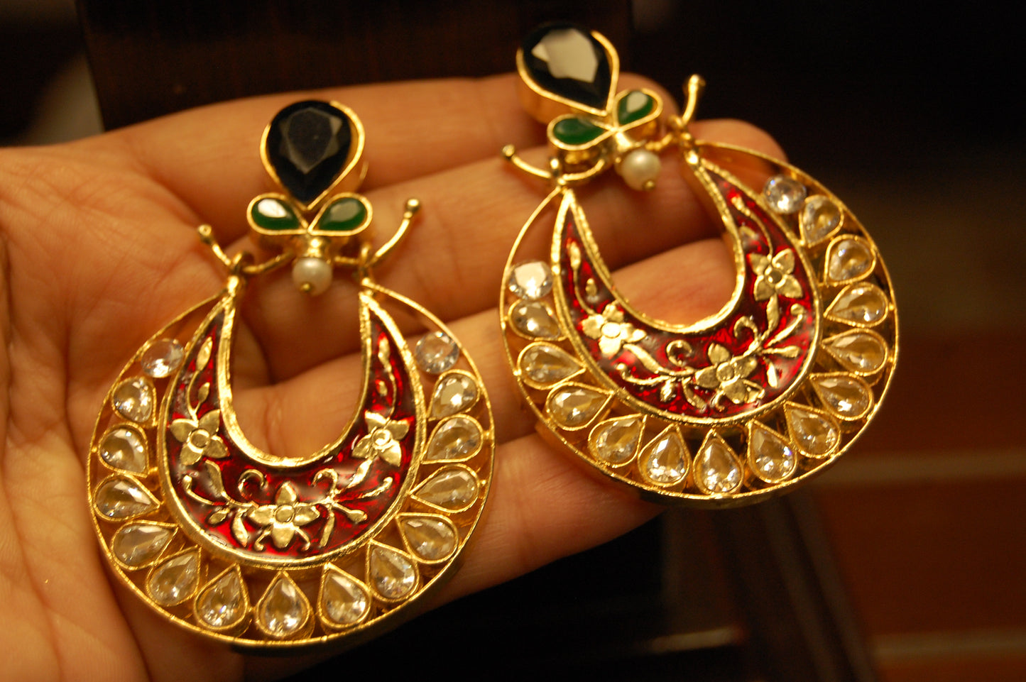 RED MEENA & KUNDAN EARRINGS WITH BLUE,GREEN