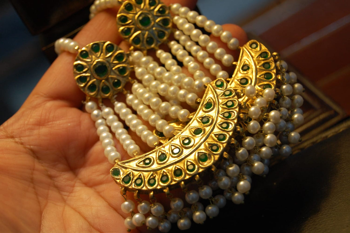 JHOOMAR STYLE EARRINGS IN PEARLS & GREEN STONES