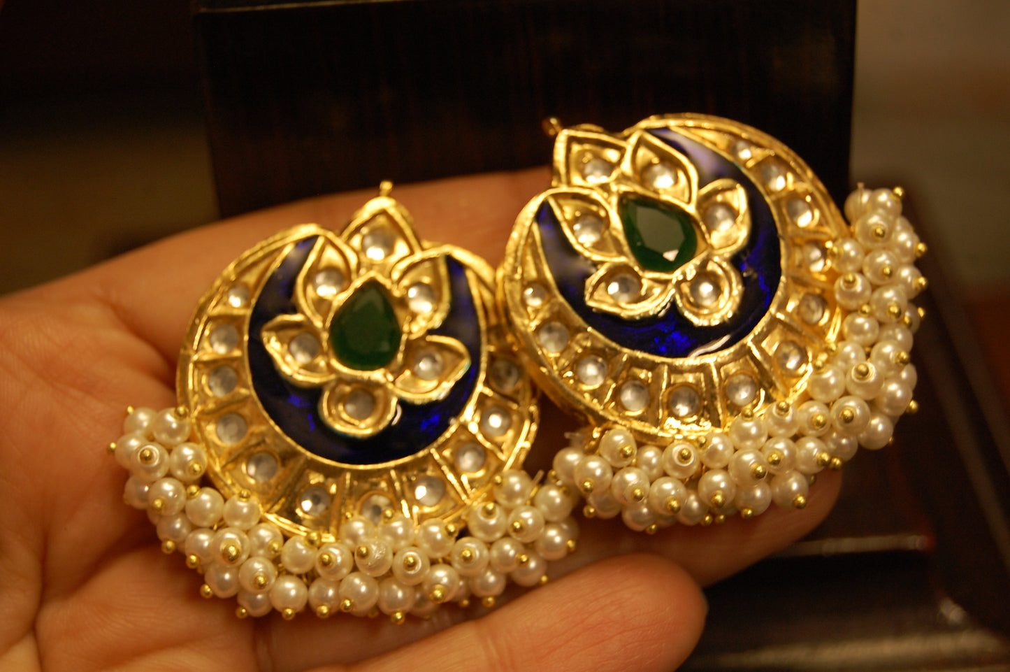 BLUE MEENA WITH BLUE STONE & PEARLS EARRINGS