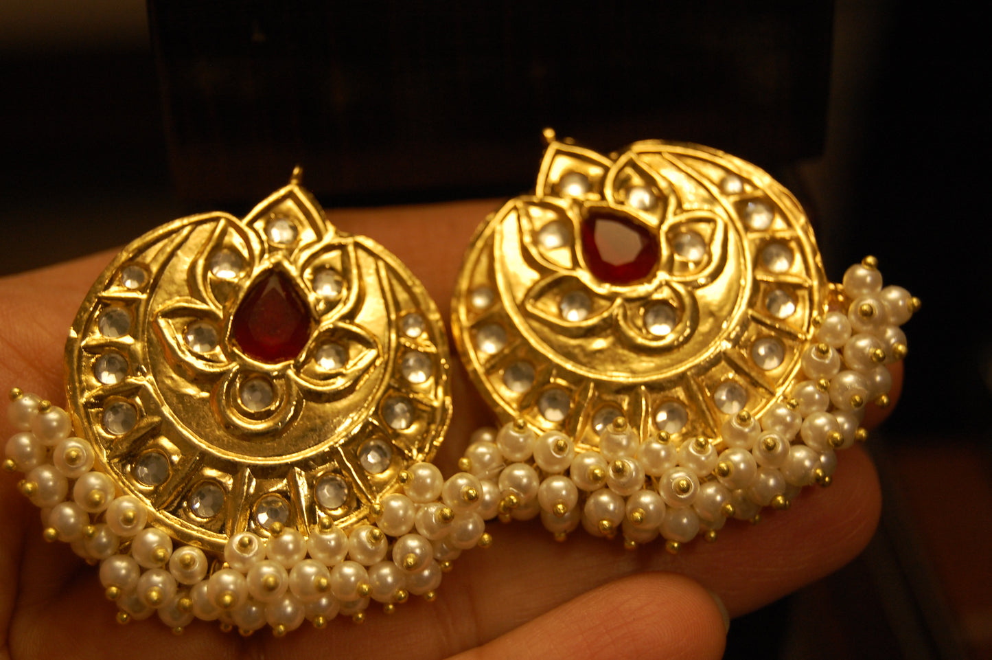 GOLDEN & RED STONE WITH PEARLS EARRINGS