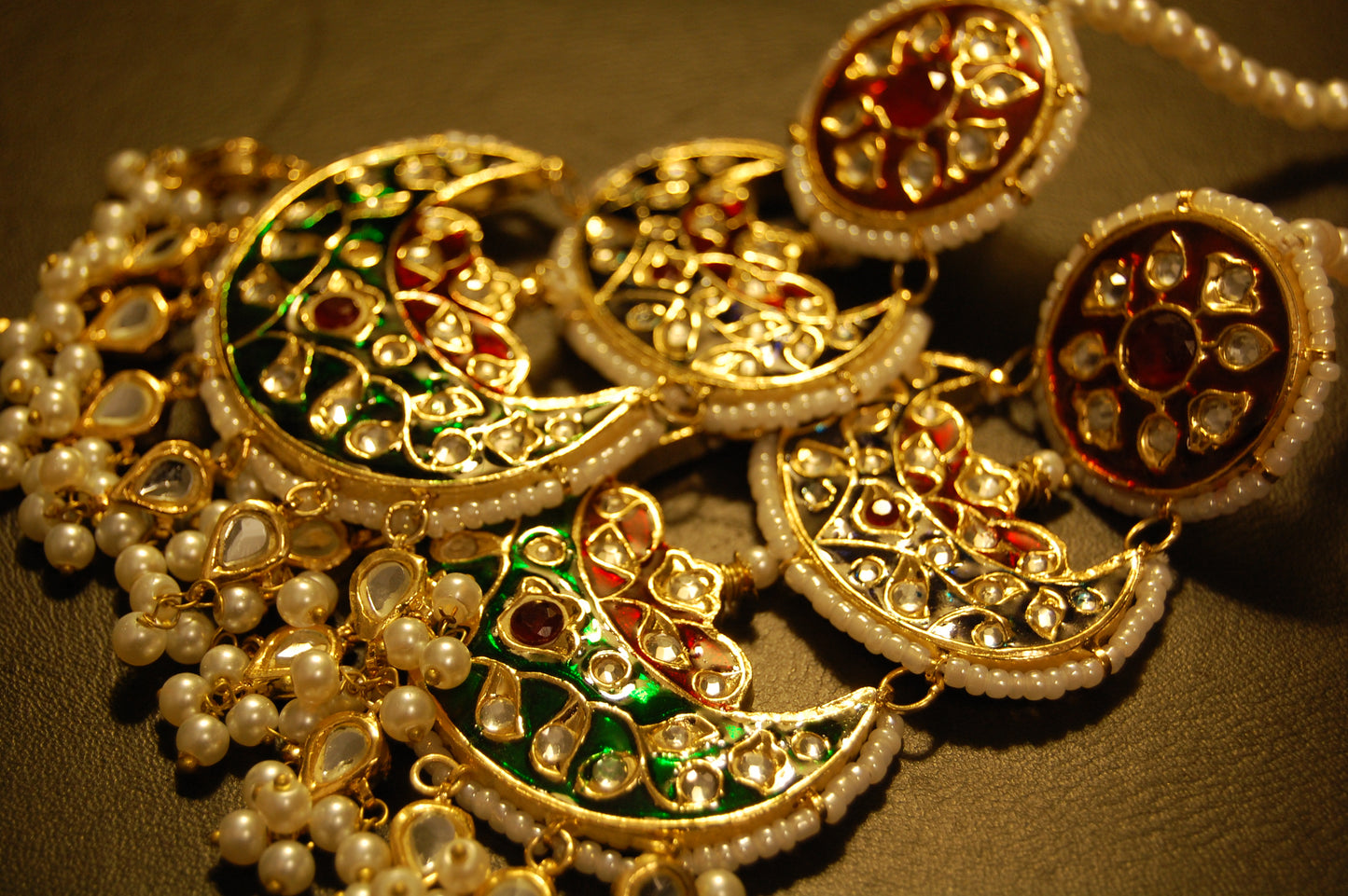 RED BLUE & GREEN MEENA & KUNDAN LONG EARRINGS