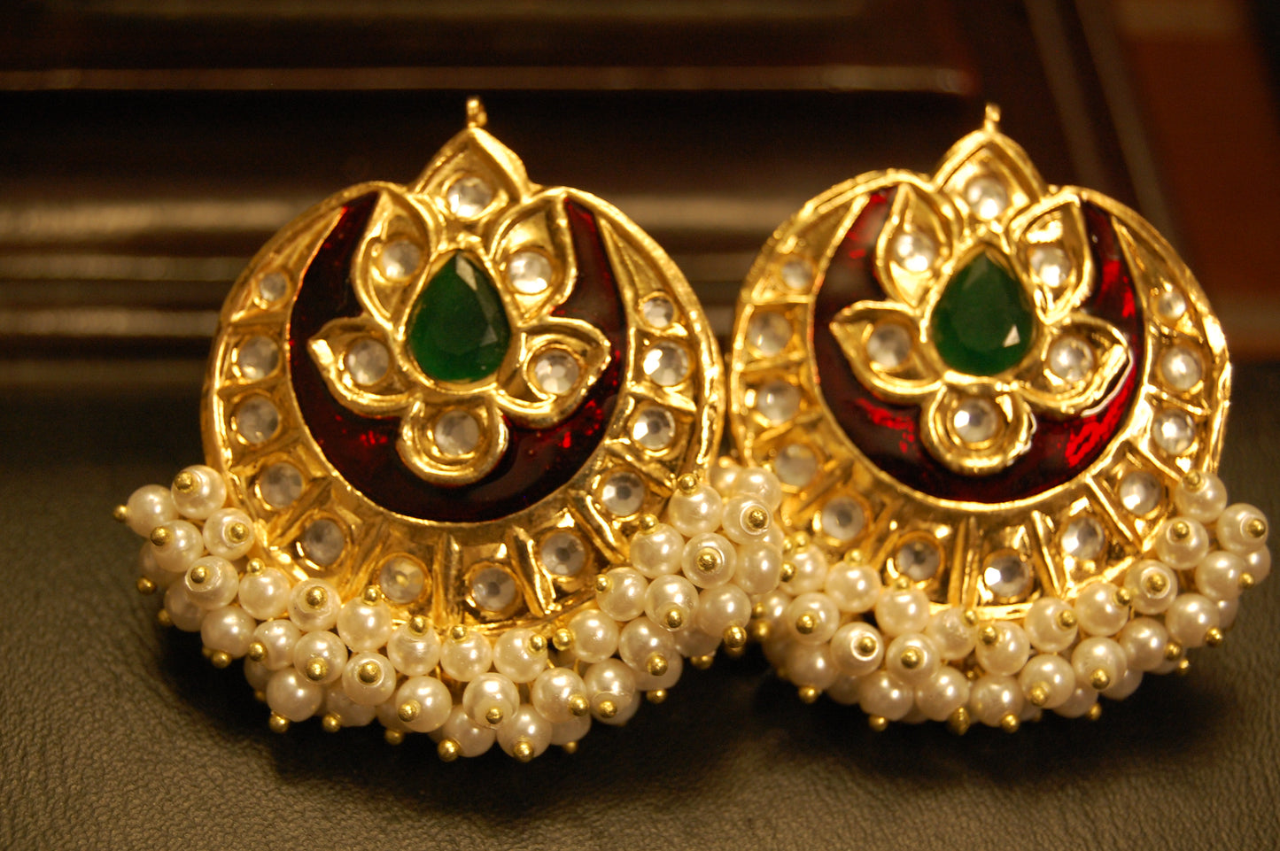 RED MEENA WITH GREEN STONE EARRINGS