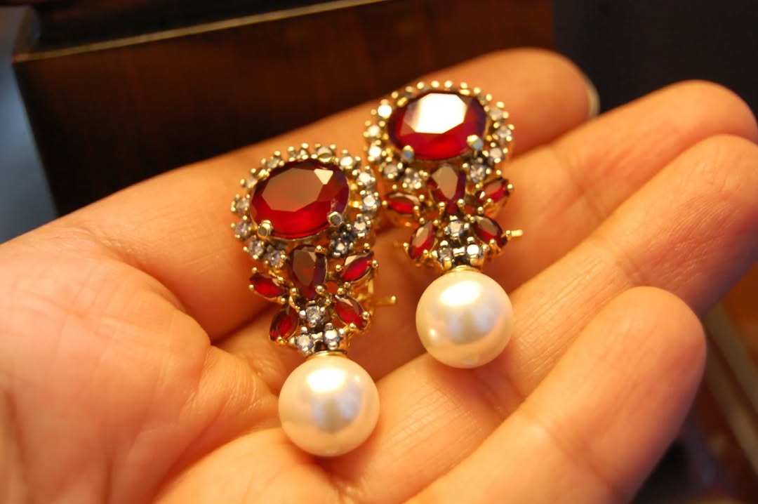 RUBY RED & PEARL EARRINGS