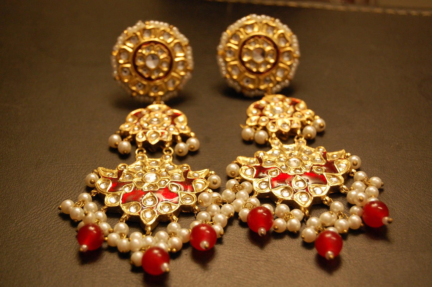 LONG RED MEENA & KUNDAN EARRINGS