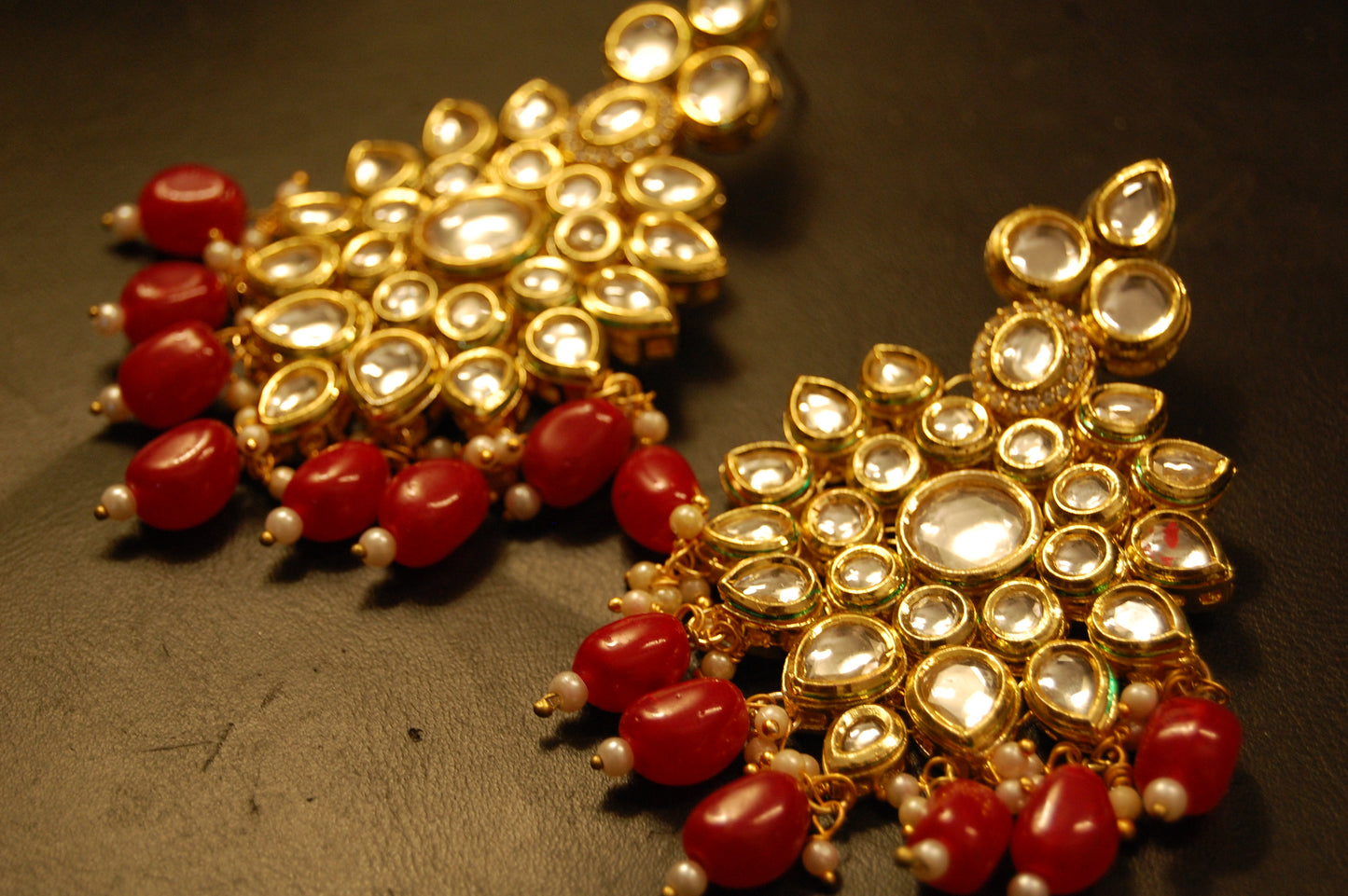 INDIAN POLKI KUNDAN EARRINGS WITH RED