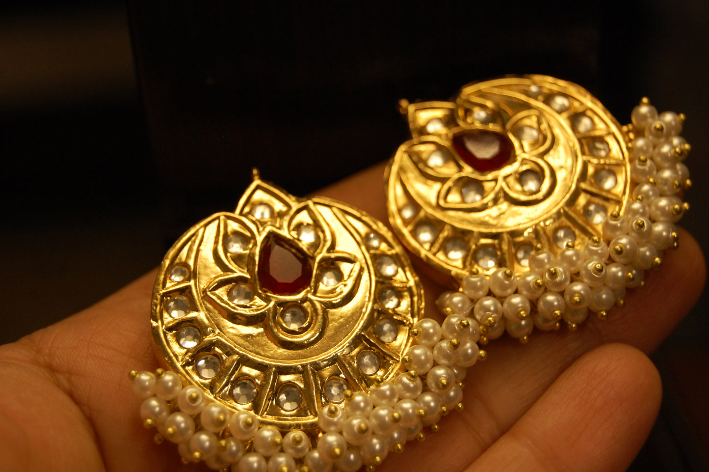 GOLDEN & RED STONE WITH PEARLS EARRINGS