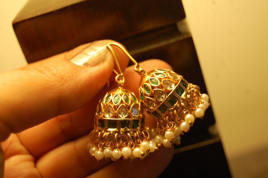 JHUMKIS IN GREEN WITH PEARLS