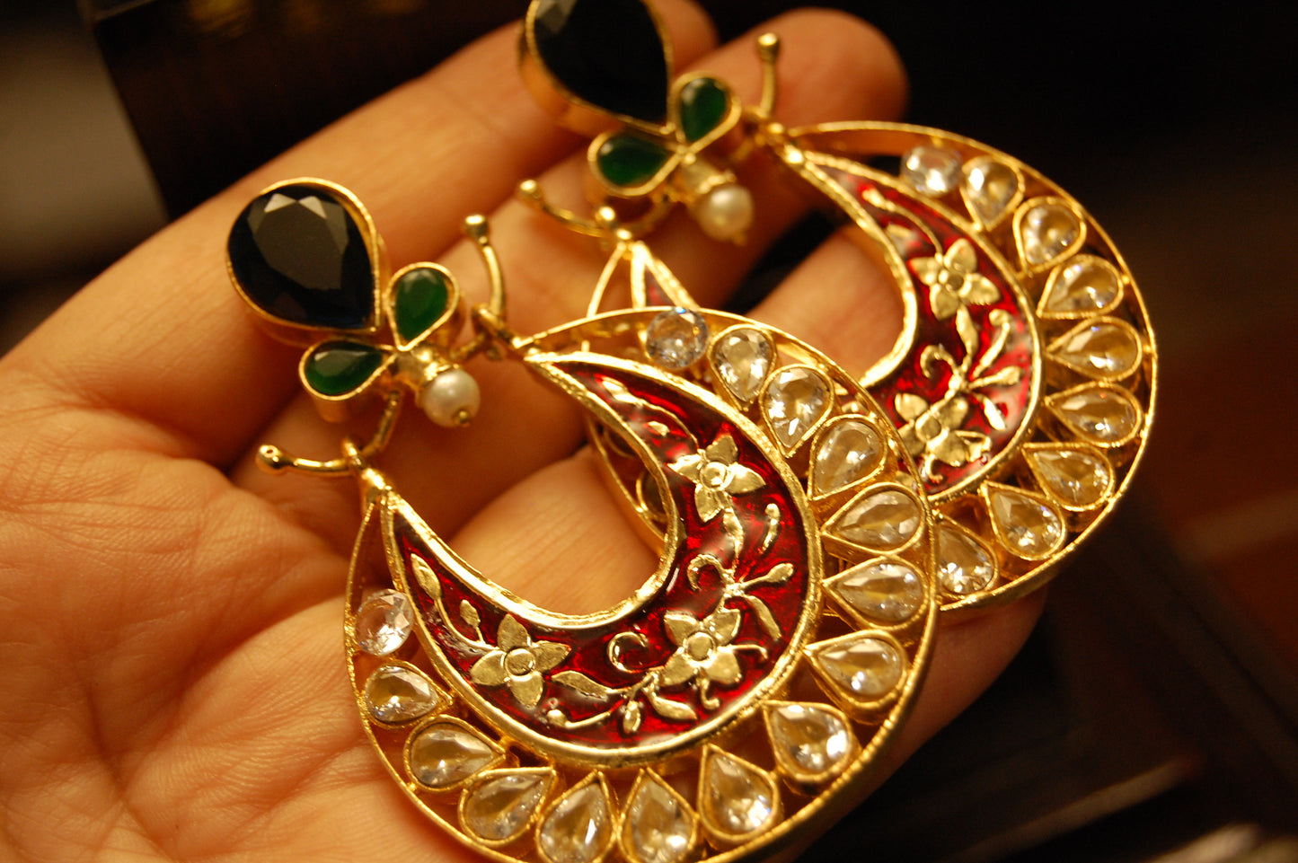 RED MEENA & KUNDAN EARRINGS WITH BLUE,GREEN