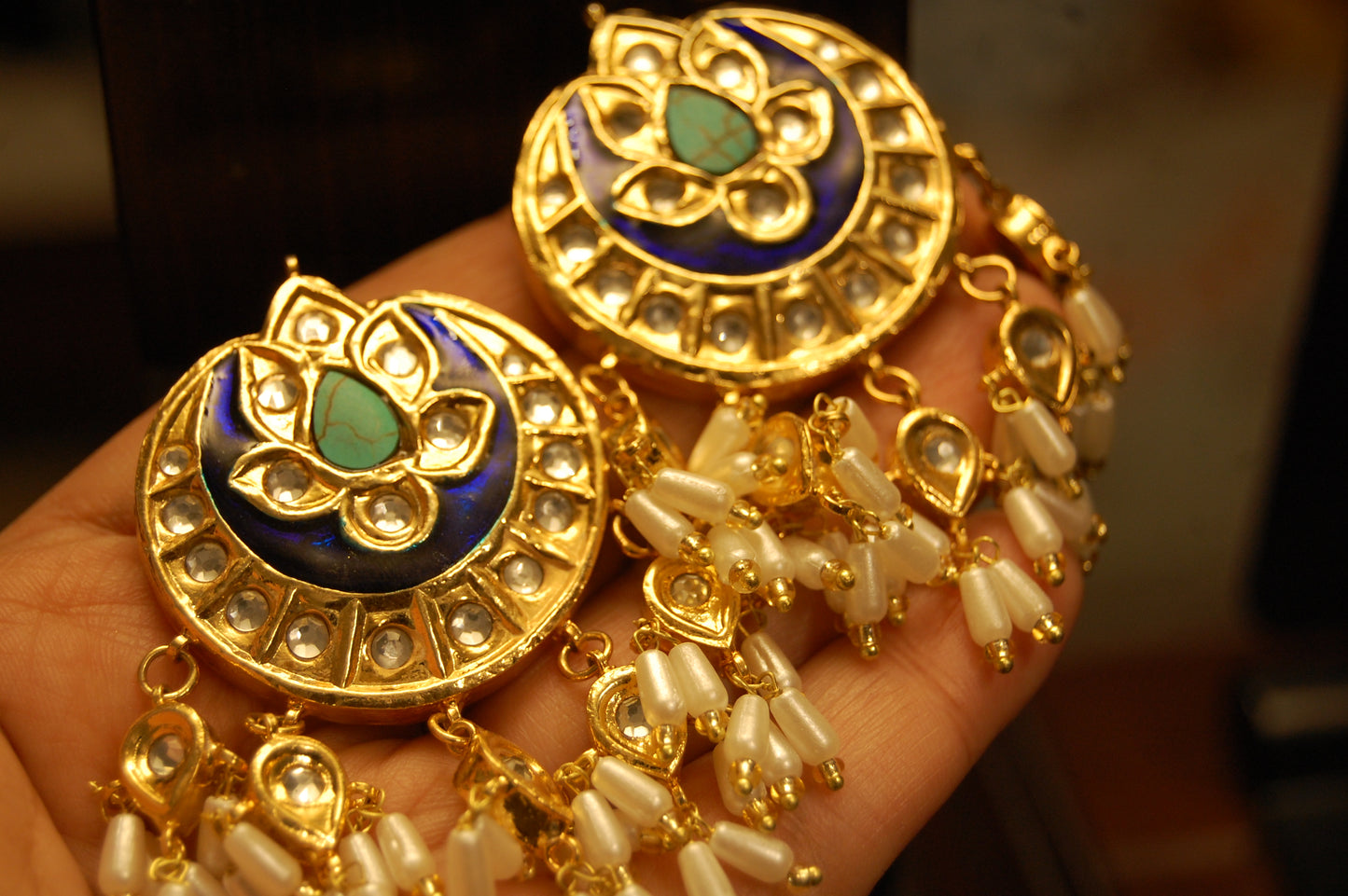FEROZY STONE & BLUE MEENA EARRINGS WITH PEARLS