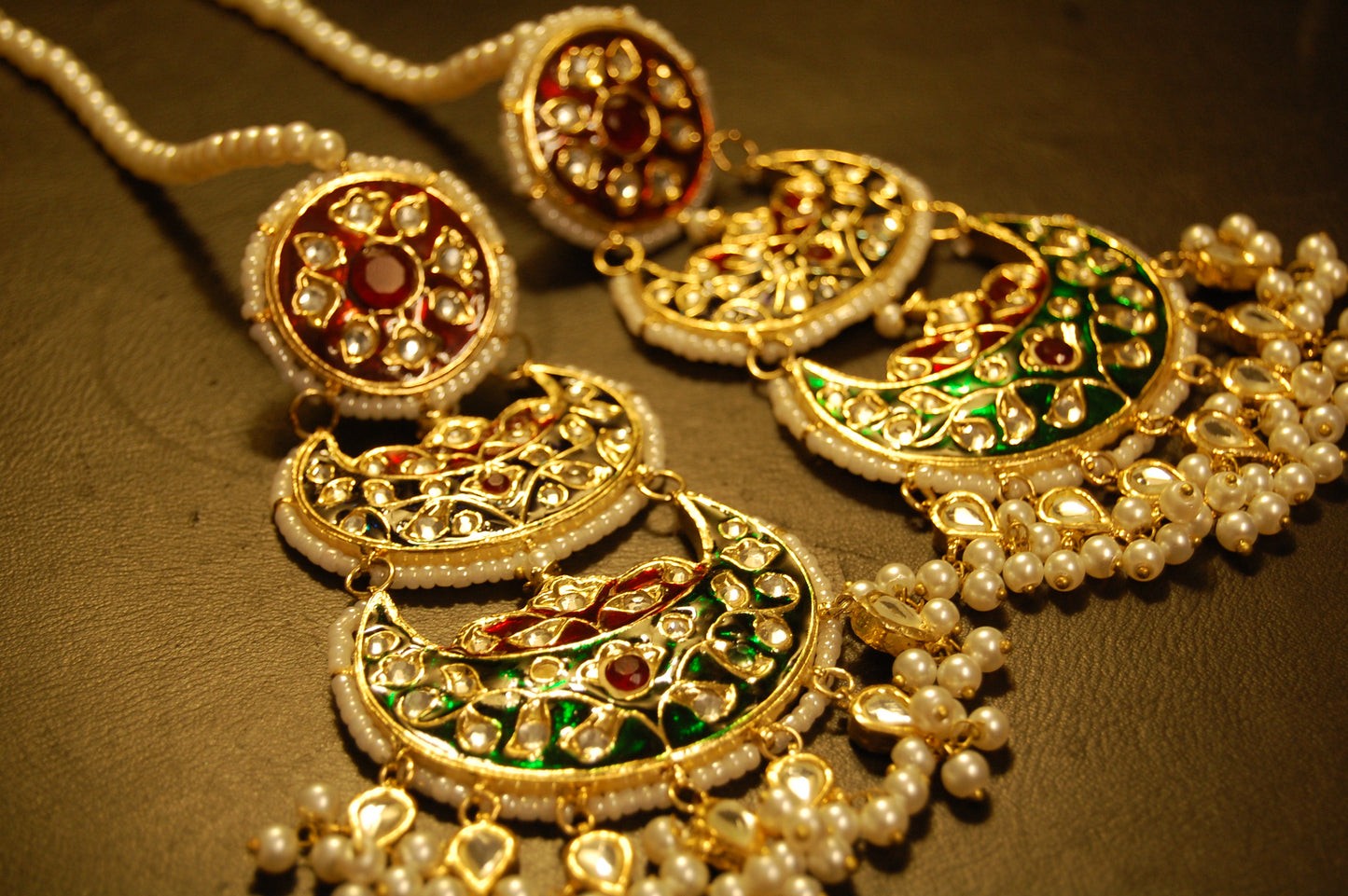 RED BLUE & GREEN MEENA & KUNDAN LONG EARRINGS