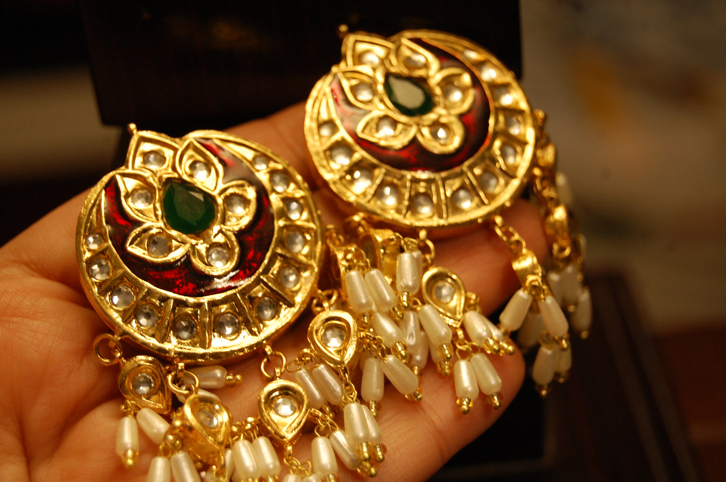 RED MEENA & GREEN EARRINGS WITH PEARLS