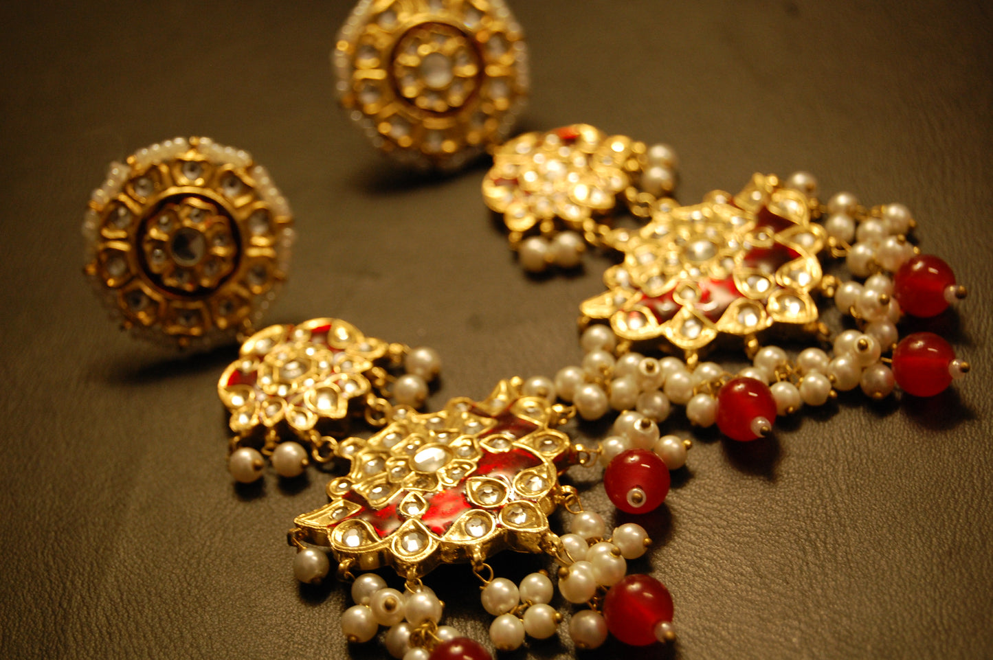 LONG RED MEENA & KUNDAN EARRINGS