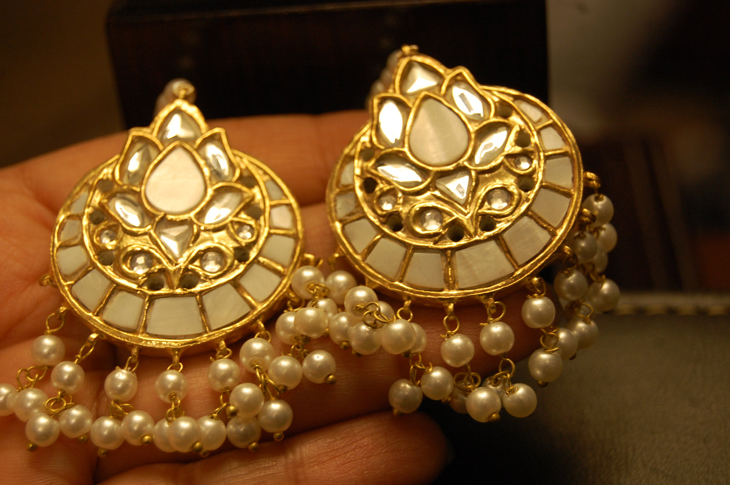 MOTHER OF PEARL, KUNDAN & PEARLS EARRINGS