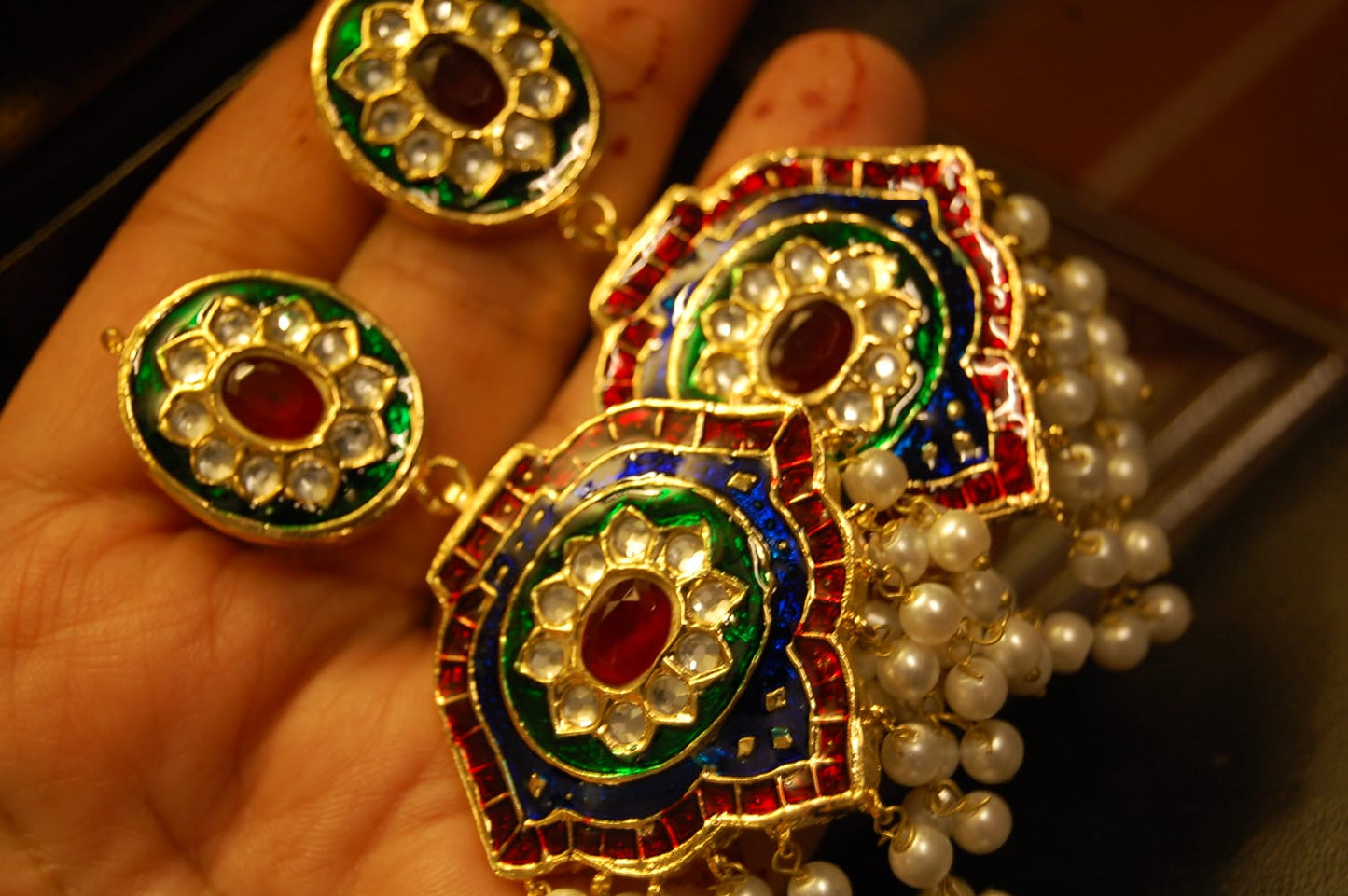 RED, GREEN & BLUE MEENA, KUNDAN EARRINGS