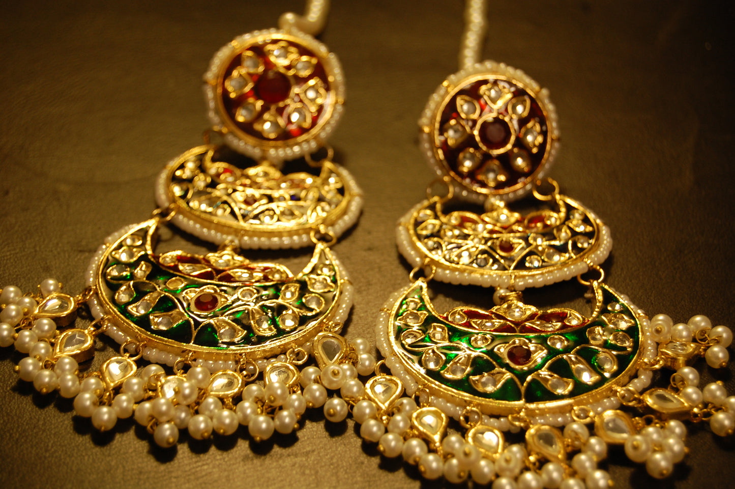 RED BLUE & GREEN MEENA & KUNDAN LONG EARRINGS