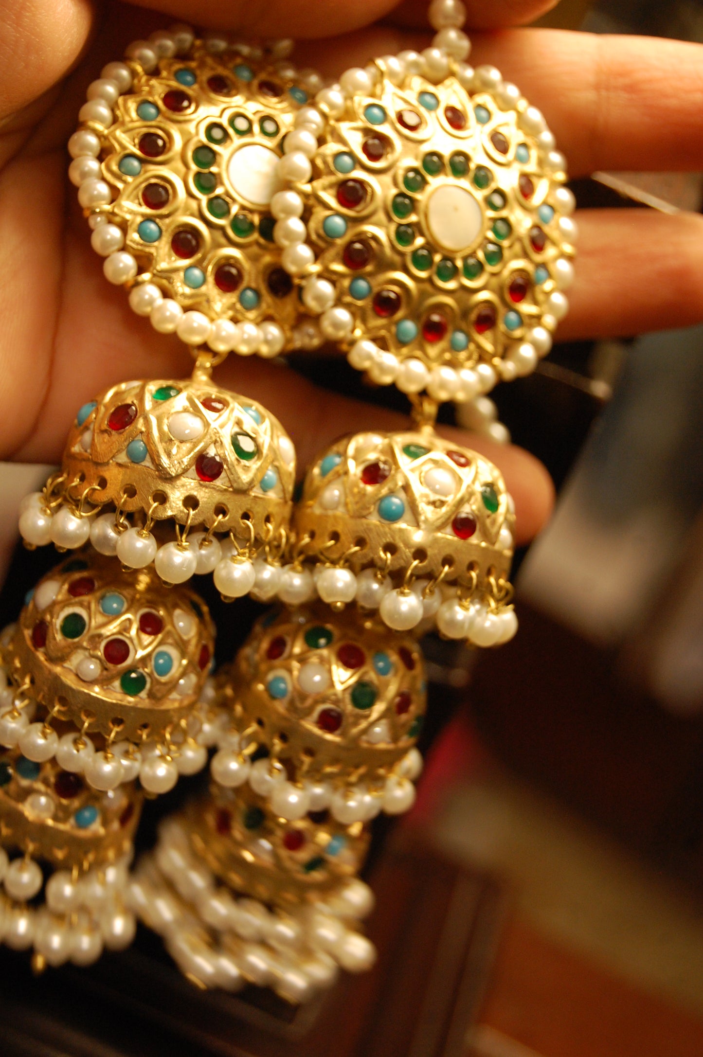 THREE LAYERED MULTI STONE JHUMKAS