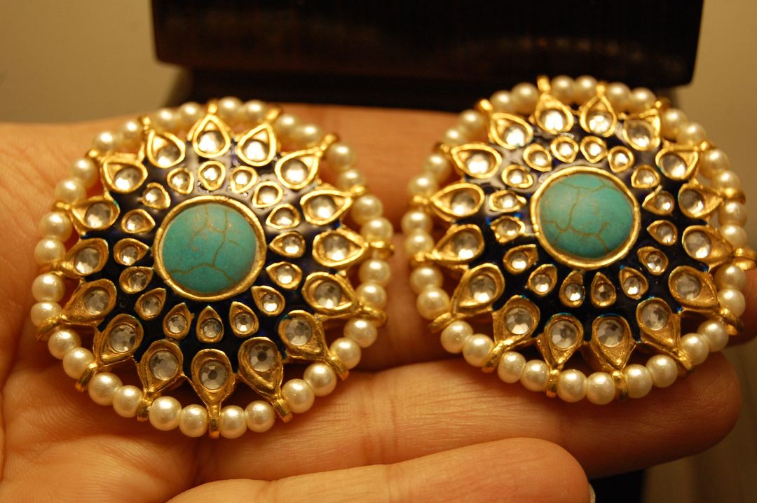 BLUE MEENA EARRINGS WITH KUNDAN & FEROZY STONES