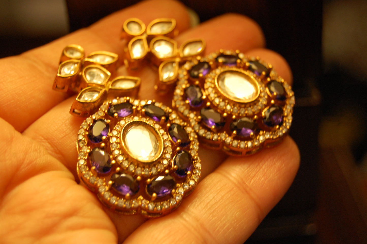 PURPLE AMETHYST POLKI KUNDAN EARRINGS