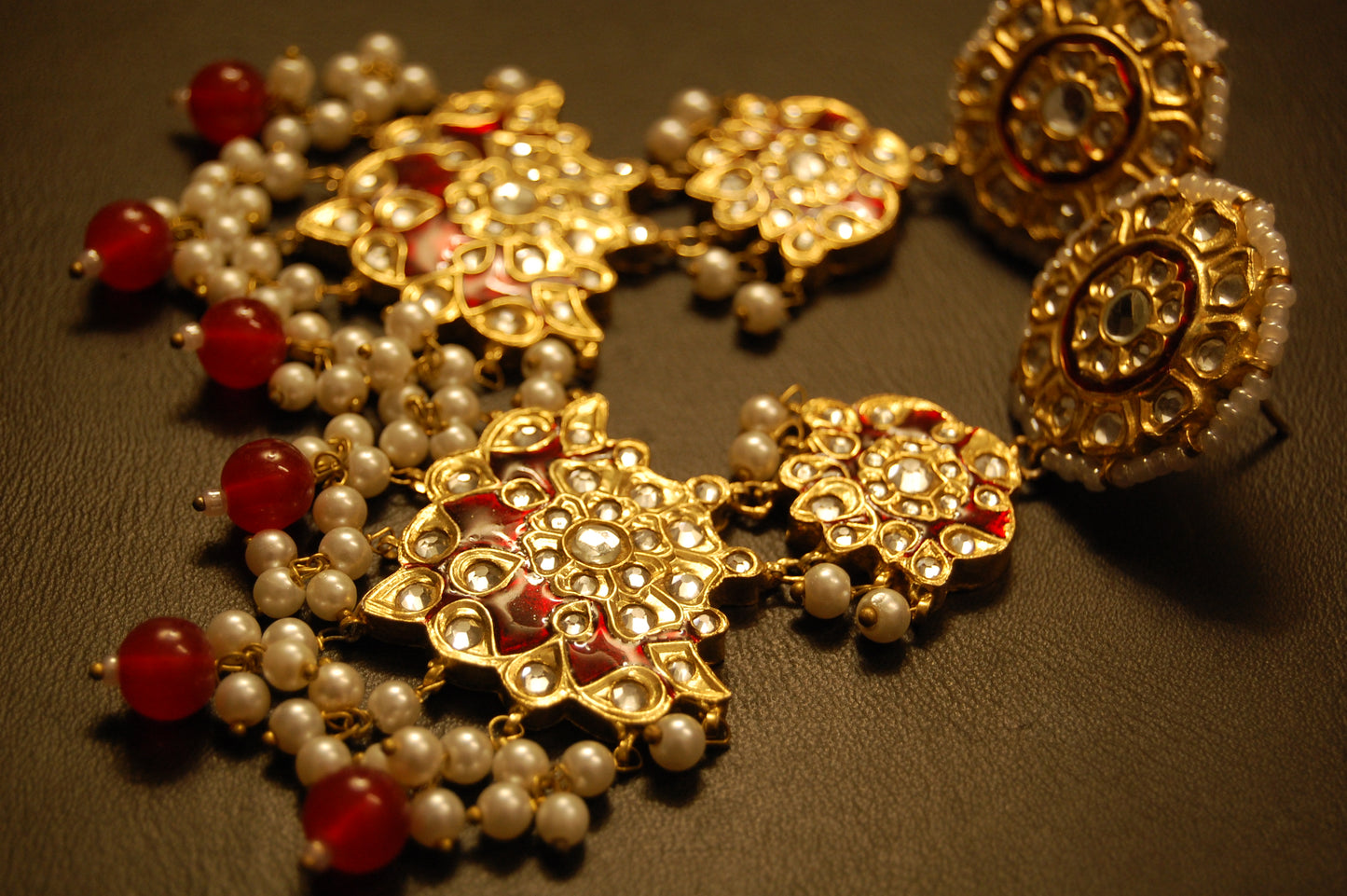 LONG RED MEENA & KUNDAN EARRINGS