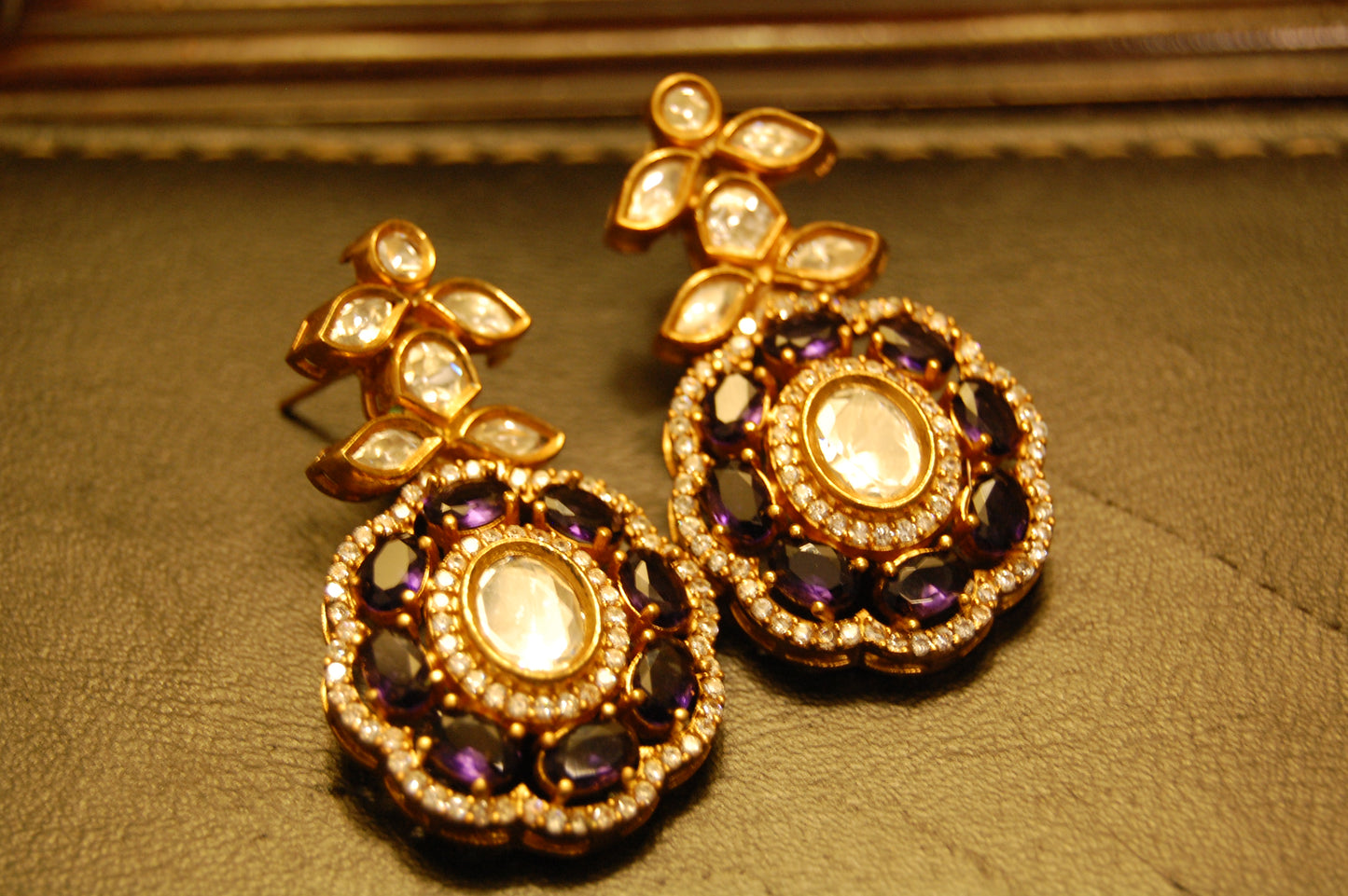 PURPLE AMETHYST POLKI KUNDAN EARRINGS