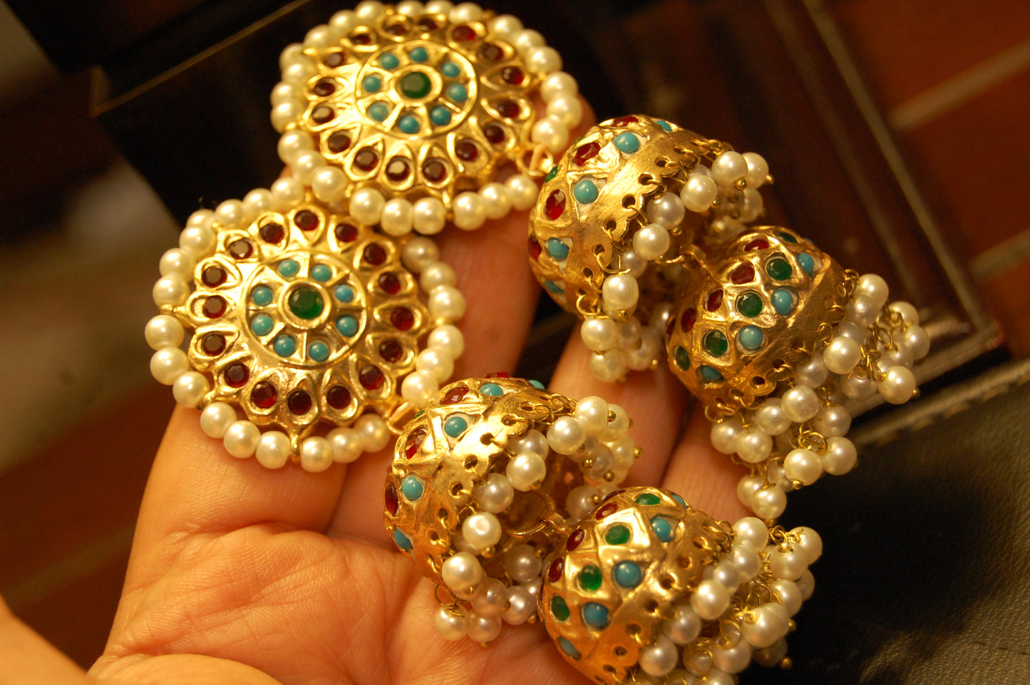 MULTI STONE TWO LAYERED JHUMKAS