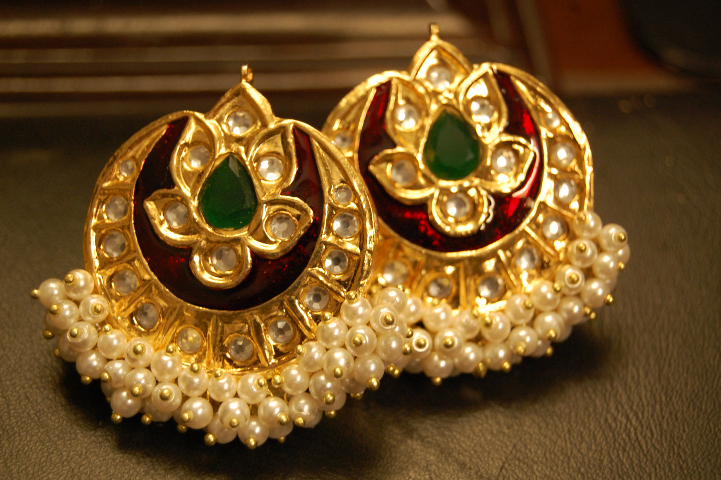 RED MEENA WITH GREEN STONE EARRINGS