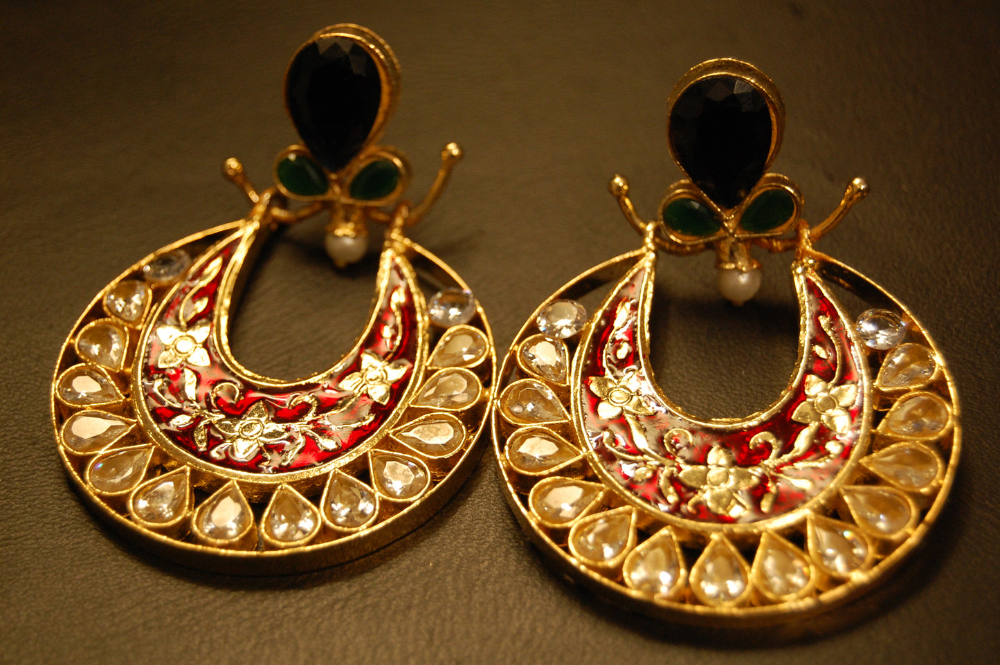 RED MEENA & KUNDAN EARRINGS WITH BLUE,GREEN