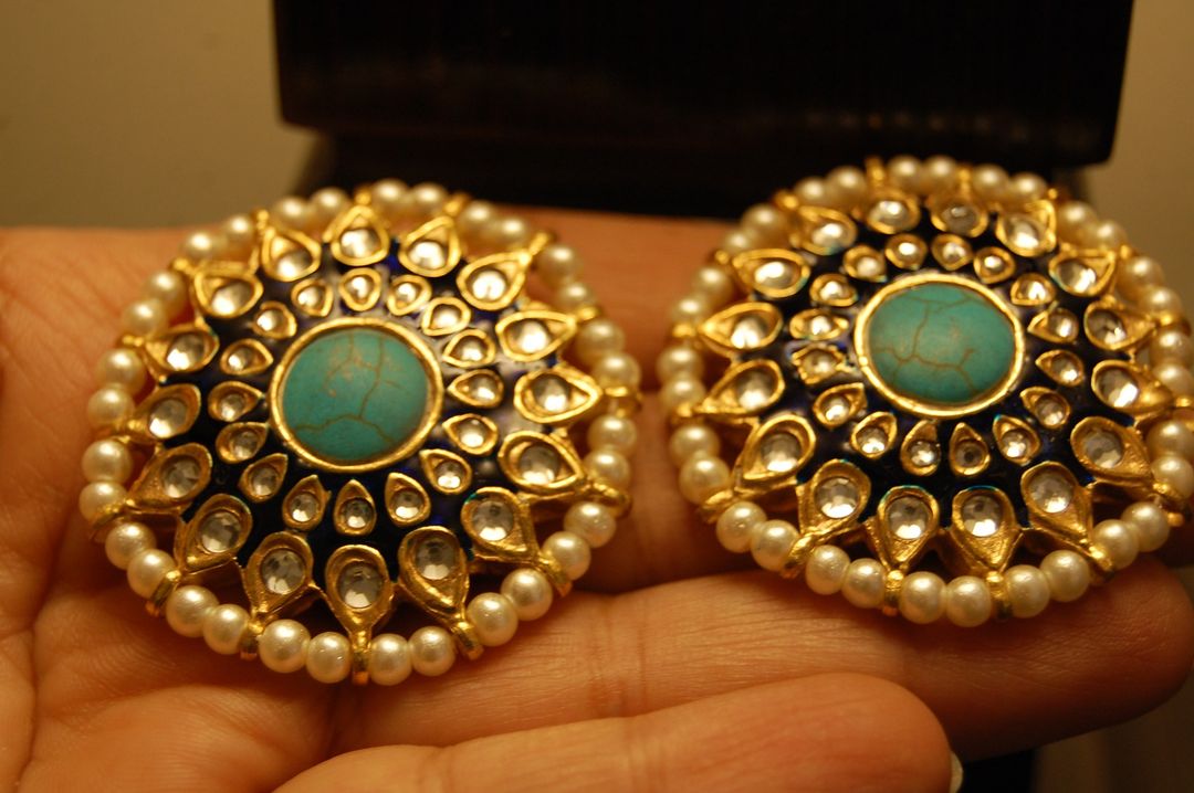 BLUE MEENA EARRINGS WITH KUNDAN & FEROZY STONES