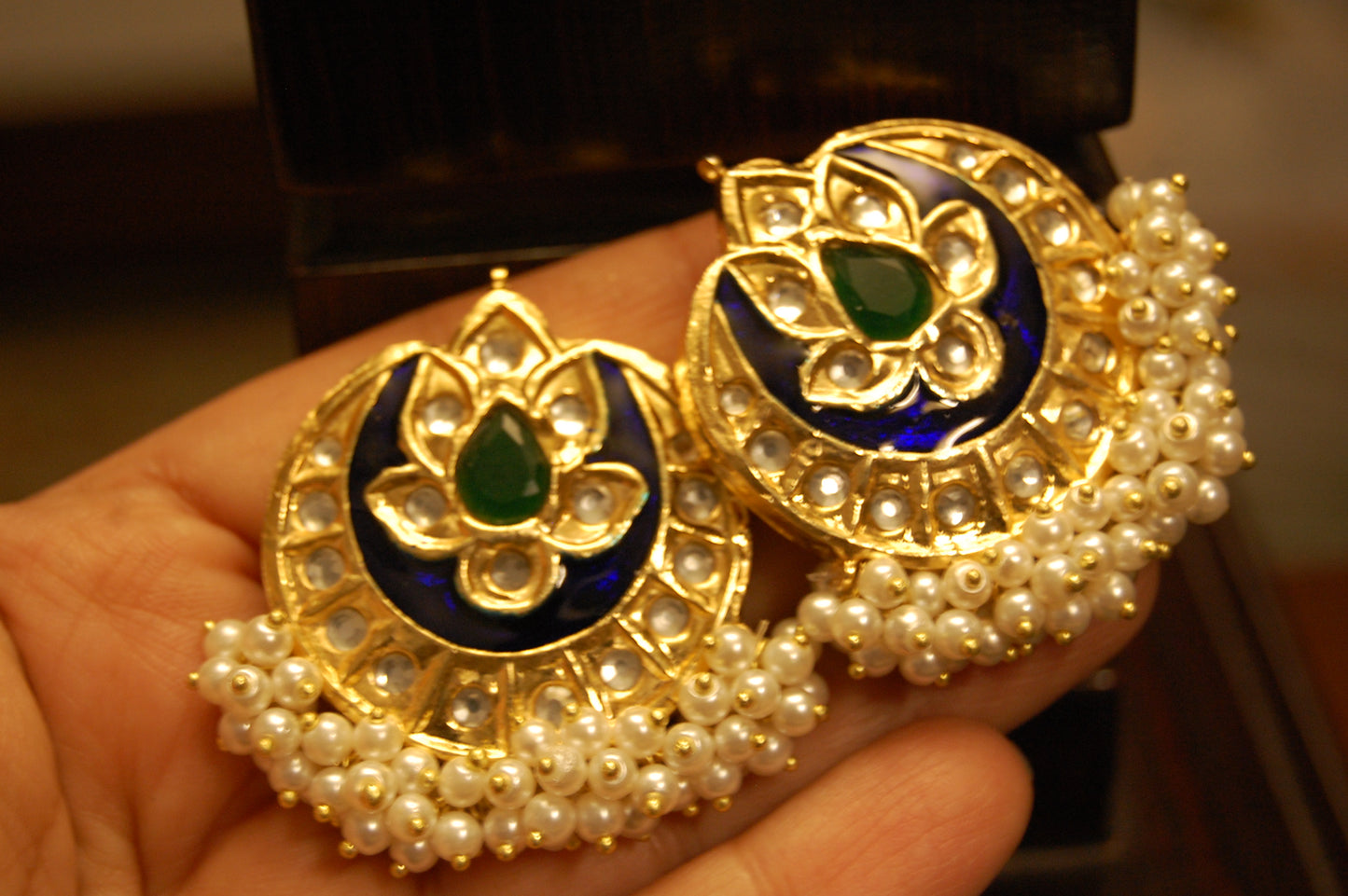 BLUE MEENA WITH BLUE STONE & PEARLS EARRINGS