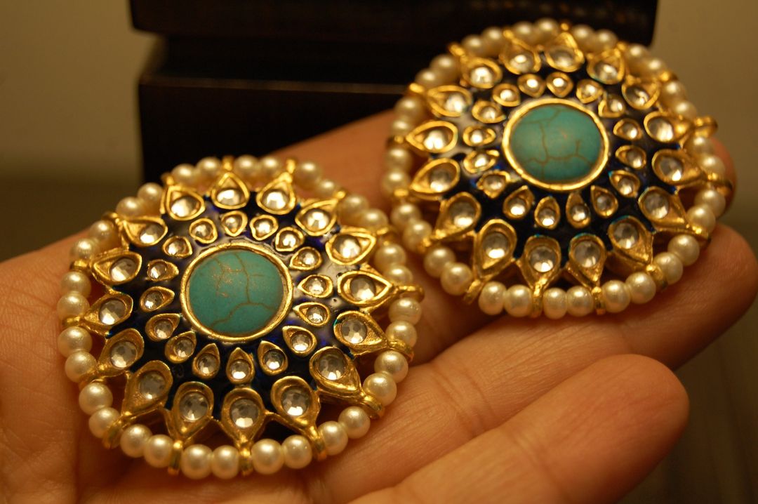 BLUE MEENA EARRINGS WITH KUNDAN & FEROZY STONES