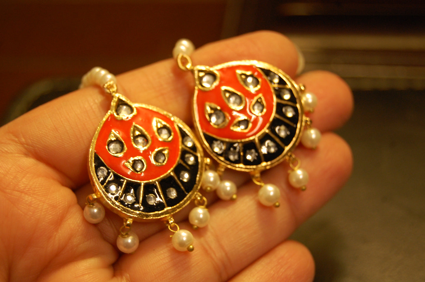 ORANGE MEENA & KUNDAN EARRINGS
