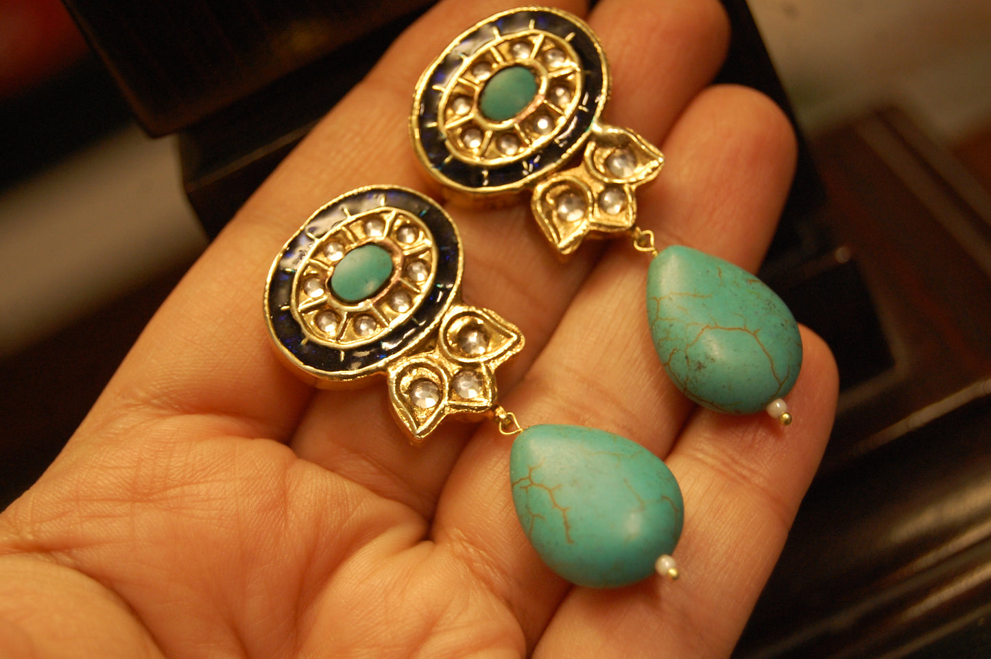 BLUE & FEROZA KUNDAN MEENA EARRINGS