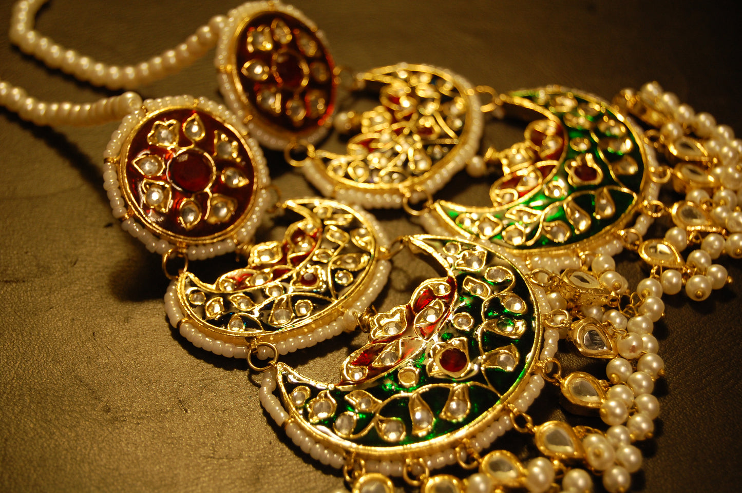 RED BLUE & GREEN MEENA & KUNDAN LONG EARRINGS