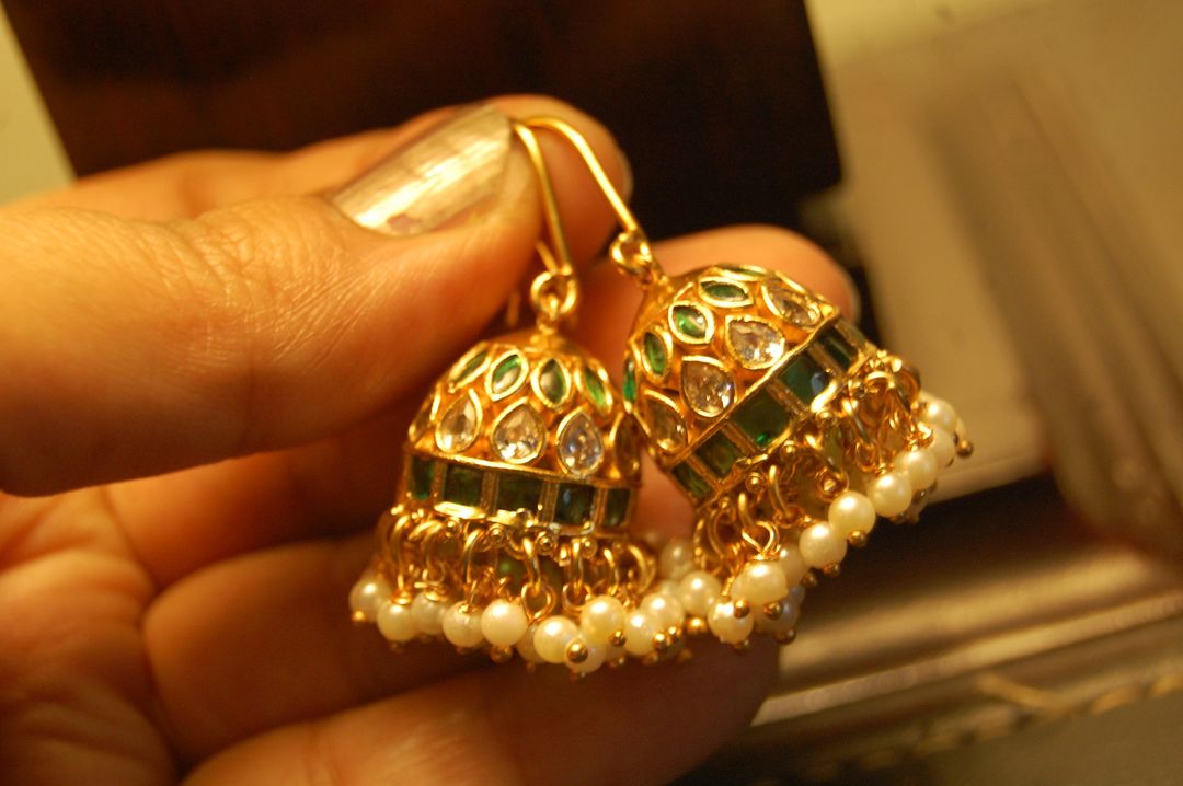 JHUMKIS IN GREEN WITH PEARLS